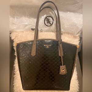 MICHAEL KORS Jane Large Leather Tote Shoulder Purse BLACK BROWN